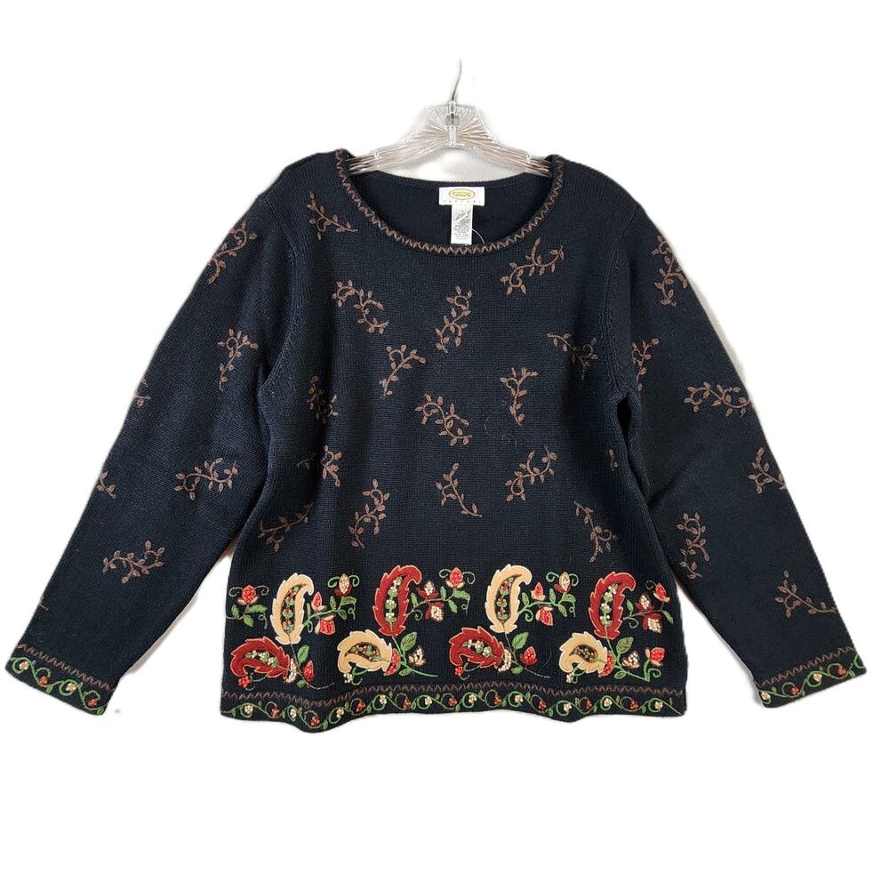 Talbots Sweater Women's PL Black Multicolor Paisley Embroidered - New